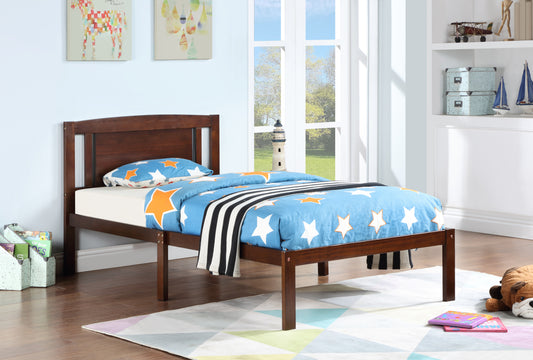 Twin Size Bed, Wood Platform Bed Frame with Headboard For Kids, Slatted, Dark Walnut