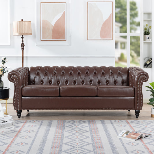 Elegant Dark Brown 84.65 PU Leather Chesterfield Three Seater Sofa with Rolled Arms