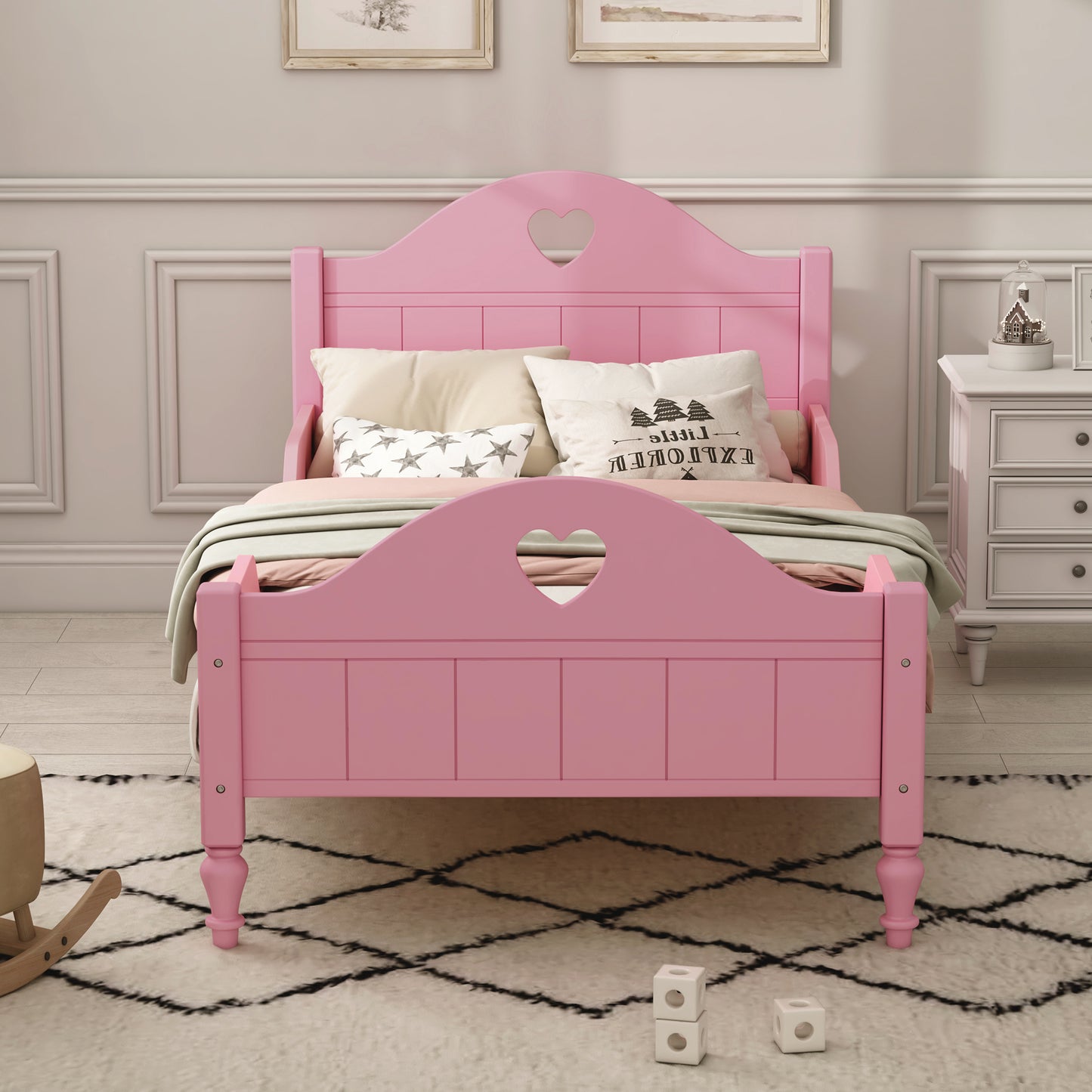 Macaron Twin Size Toddler Bed with Side Safety Rails and Headboard and Footboard,Light Pink