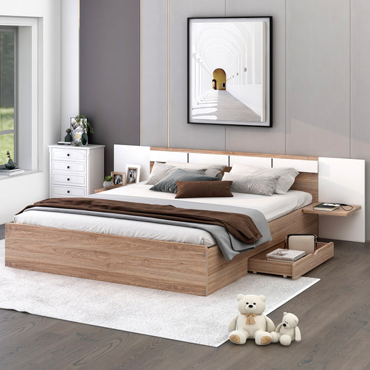 Queen Size Platform Bed with Headboard, Drawers, Shelves, USB Ports and Sockets, Natural