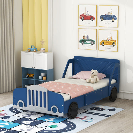 Twin Size Car-Shaped Platform Bed with Wheels,Blue