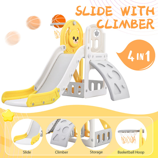 Toddler Climber and Slide Set 4 in 1, Kids Playground Climber Freestanding Slide Playset with Basketball Hoop Play Combination for Babies Indoor & Outdoor