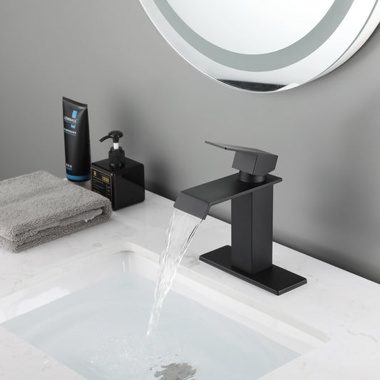 Single Handle Waterfall Spout Matte Black Bathroom Faucet