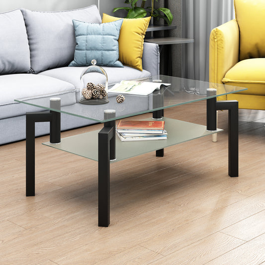 Modern Black Glass Coffee Table with Double Layer Storage