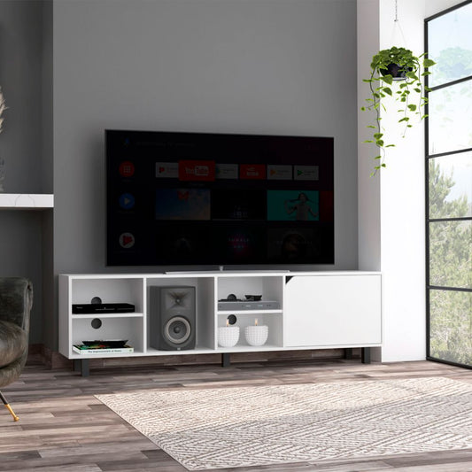 Sleek White TV Stand with Four Shelves and Five Legs, for TVs up to 70