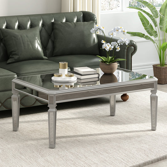 Contemporary Silver Glass Mirrored Coffee Table with Adjustable Legs