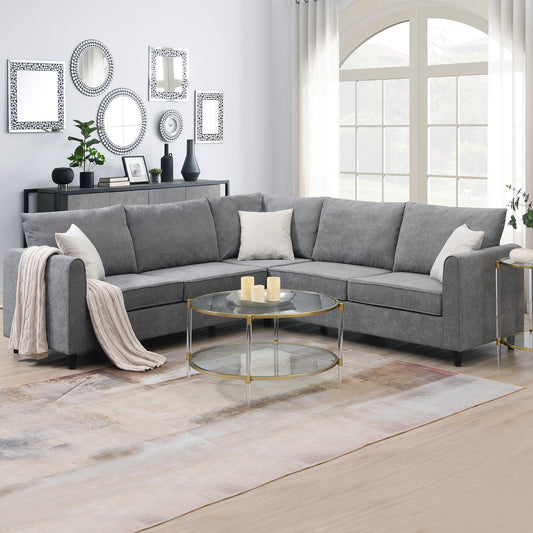 Modern Gray L-Shaped Sectional Sofa with 3 Pillows