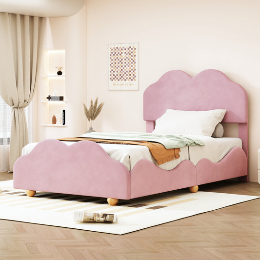 Twin Size Upholstered Platform Bed with Cloud Shaped bed board, Light Pink