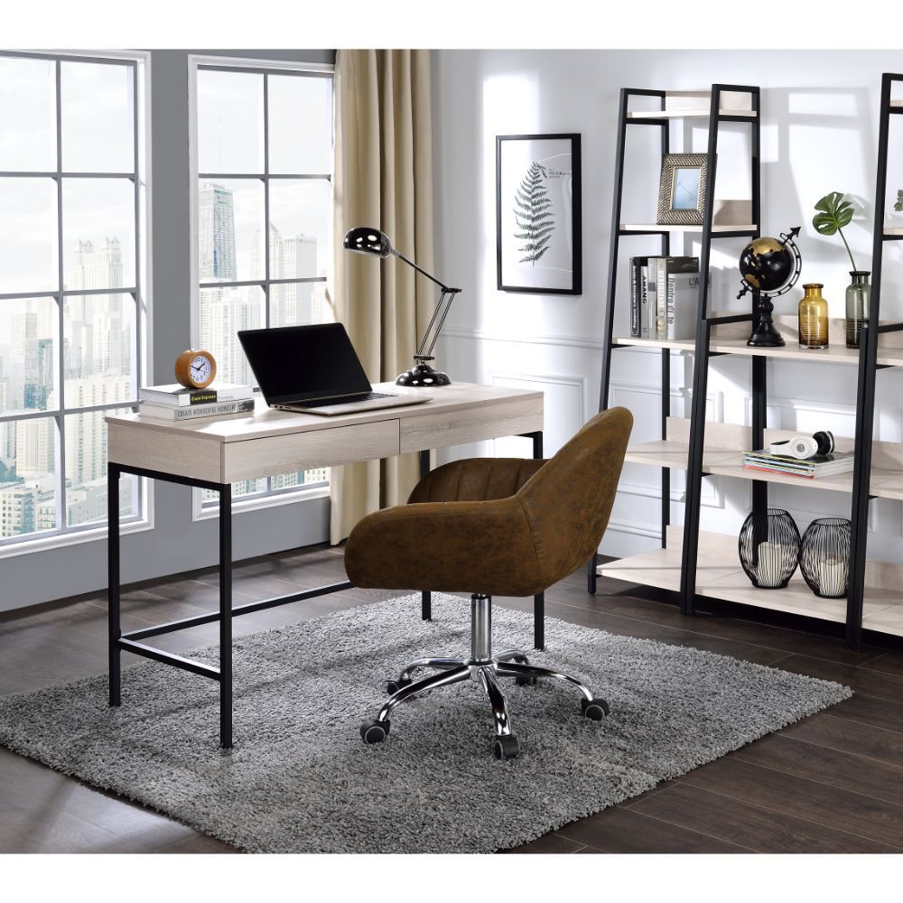 Modern Industrial Writing Desk with USB Power Dock, Natural Wood and Black Metal