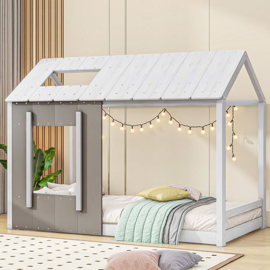 Twin Size House Platform with Roof and Window, White+Antique Grey(: WF294130AAE)