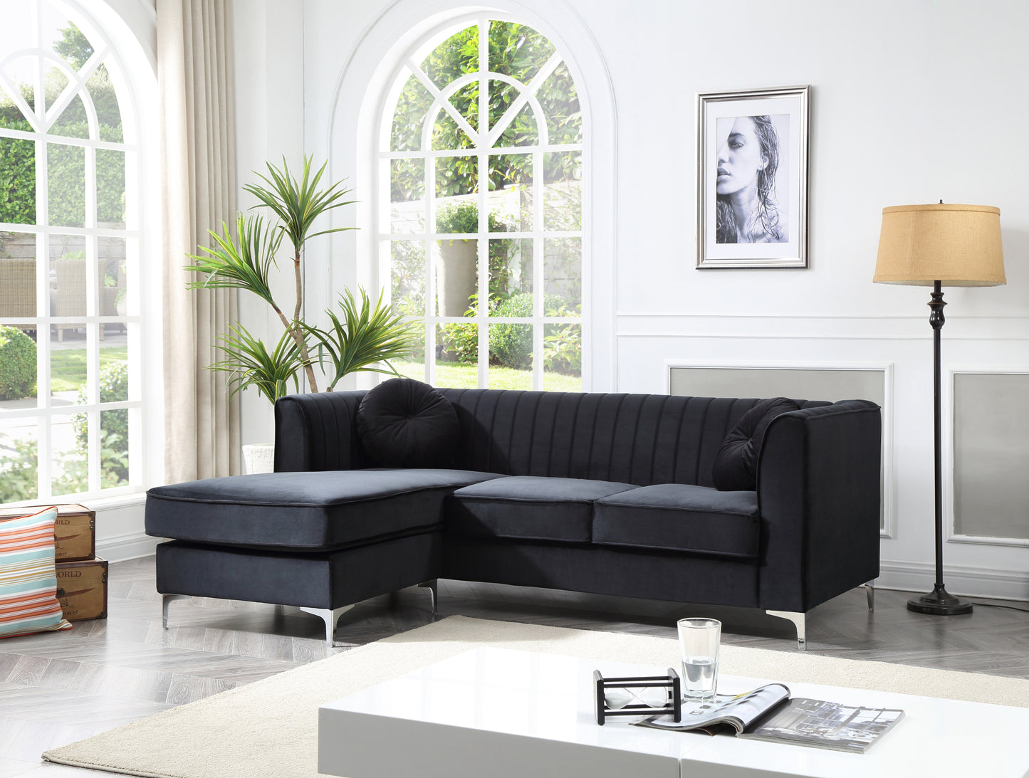 Delray Luxury Velvet Sofa Chaise - Black with Glam Style