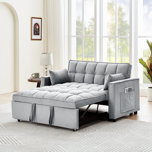 Sleeper Sofa Couch w/Pull Out Bed, 55" Modern Velvet Convertible Sleeper Sofa Bed, Small Love seat Sofa Bed w/Pillows & Side Pockets for Small Space, Living Room, Apartment,Gray