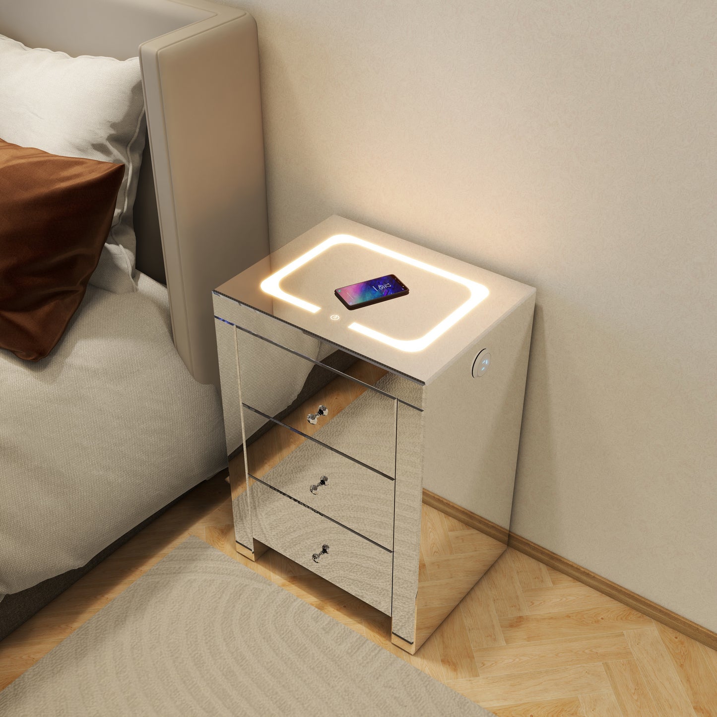 Silver glass nightstand for living room, shining bedside table with wireless charging and charging ports