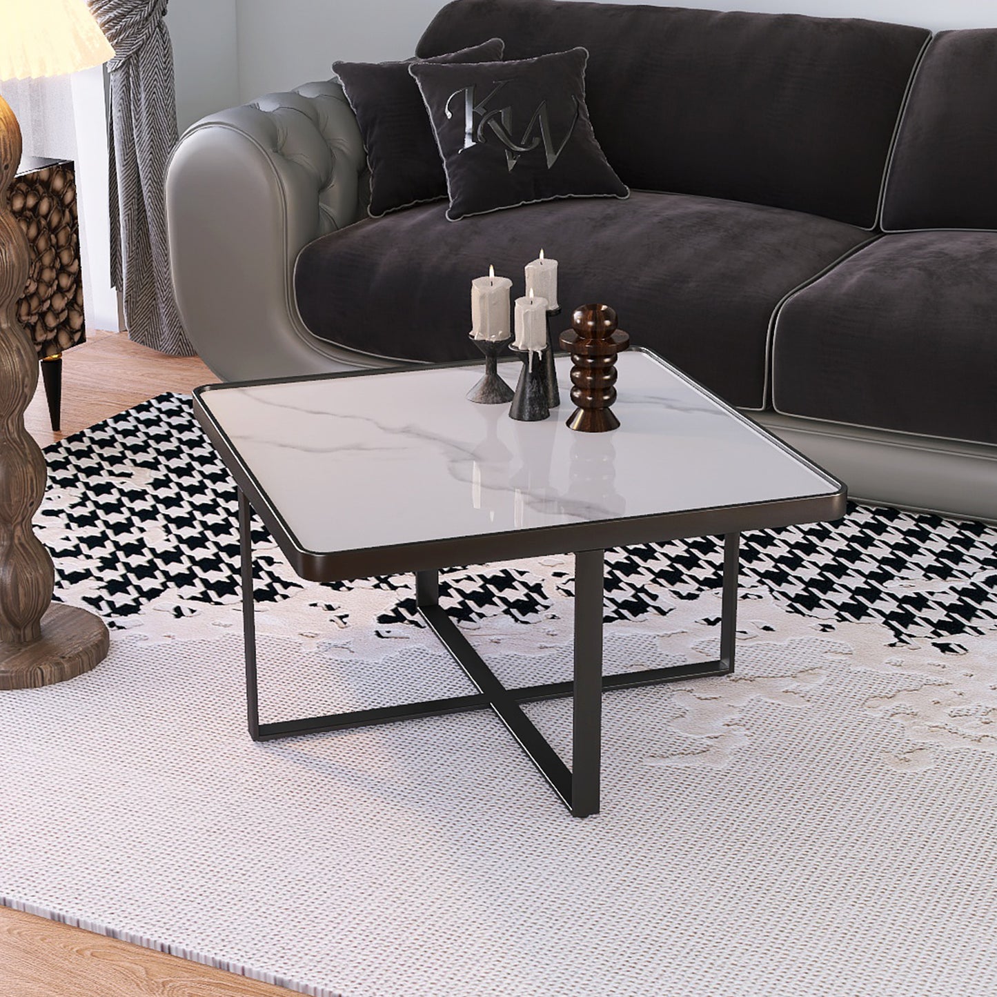 Streamlined Square Coffee Table: Black Metal Frame with Sintered Stone Tabletop