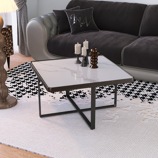 Streamlined Square Coffee Table: Black Metal Frame with Sintered Stone Tabletop