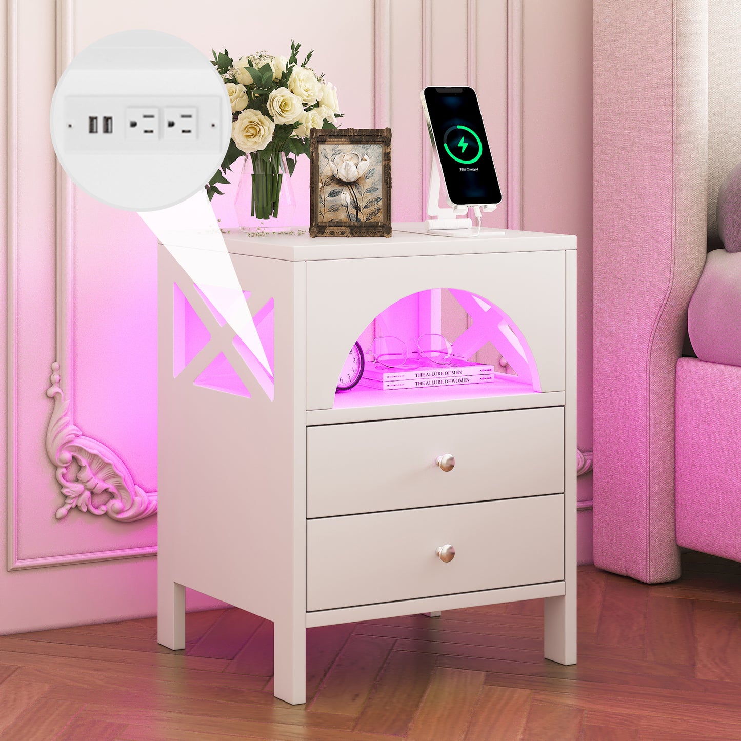 Nightstand with USB Charging Ports and LED Lights,End Table with 2 Drawers and Shelf,White