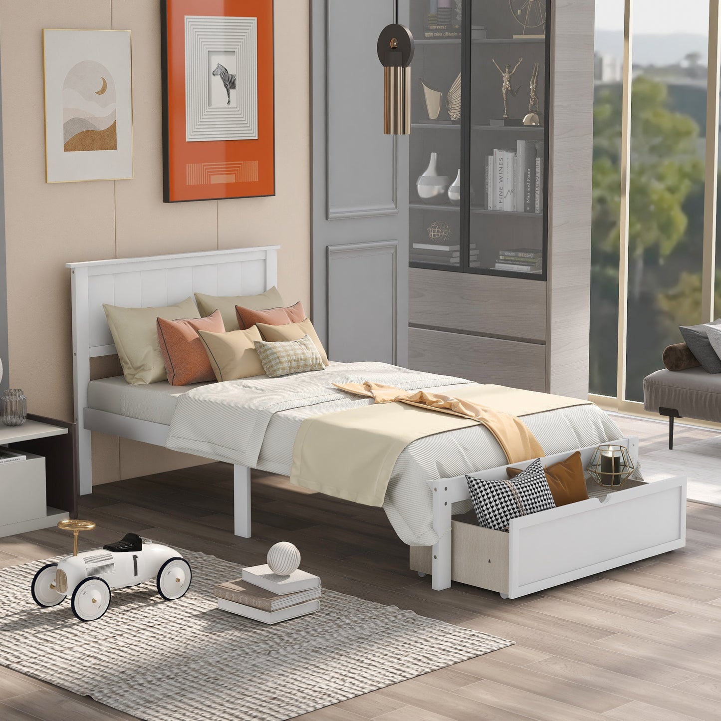 Twin Size Platform Bed with Under-bed Drawer, White