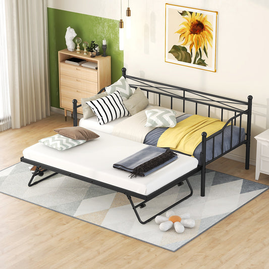 Twin Size Metal Daybed with Twin Size Adjustable Trundle, Portable Folding Trundle, Black