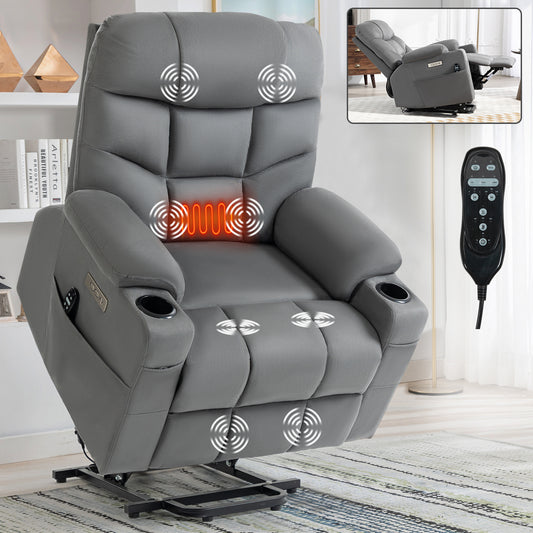 Grey Lift Recliner Chair with Massage, Heat, USB Ports, and Lumbar Support