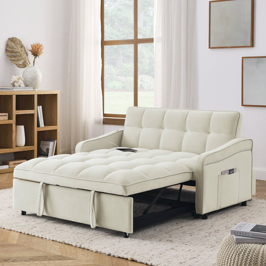 Loveseats Sofa Bed with Pull-out Bed,Adjsutable Back and Two Arm Pocket,TypeC and USB Charging with Copper nail,Beige (47"x53"x31")