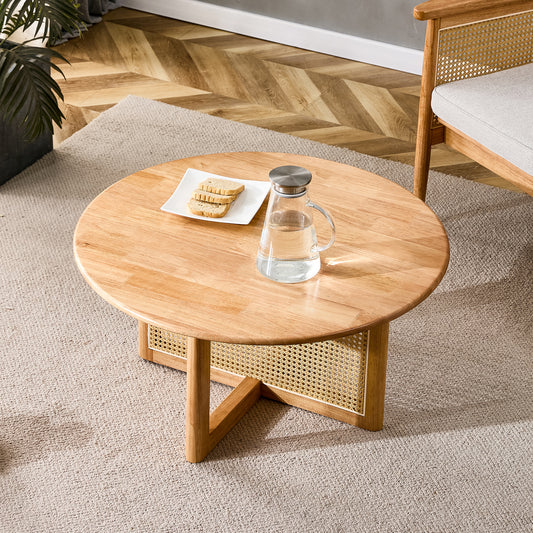 Wooden Coffee Table with Faux Rattan Accents for Stylish Living Spaces