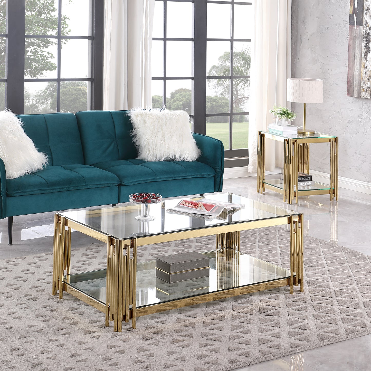 Luxurious Golden Stainless Steel Double-Layer Coffee Table - Modern Elegance for Your Living Room