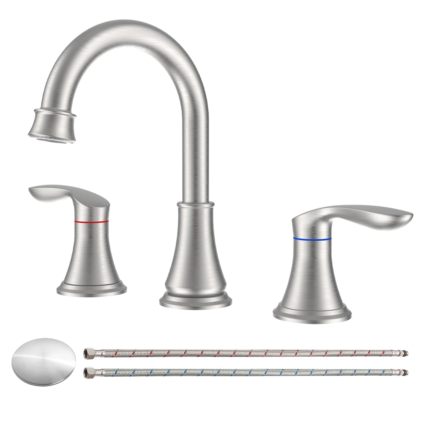 Brushed Nickel 2-Handle Widespread Bathroom Sink Faucet with Pop Up Drain and Water Supply Hoses