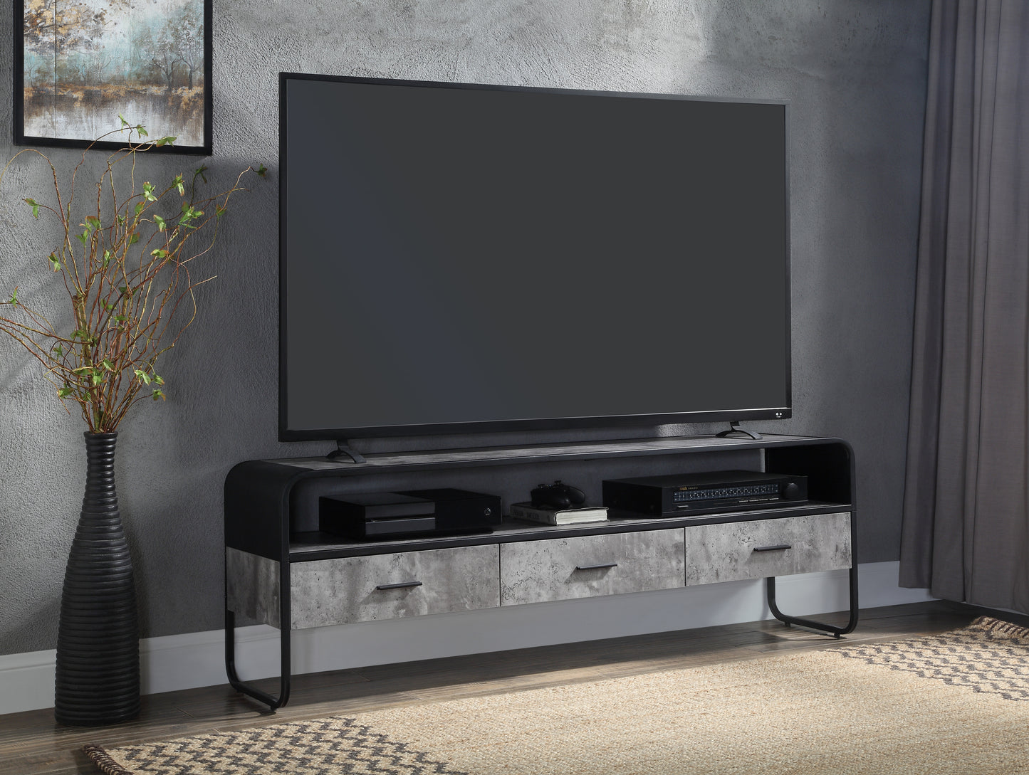 Raziela TV Stand with Concrete Gray Finish and Black Metal Base for TVs up to 65: Stylish Industrial Entertainment Console