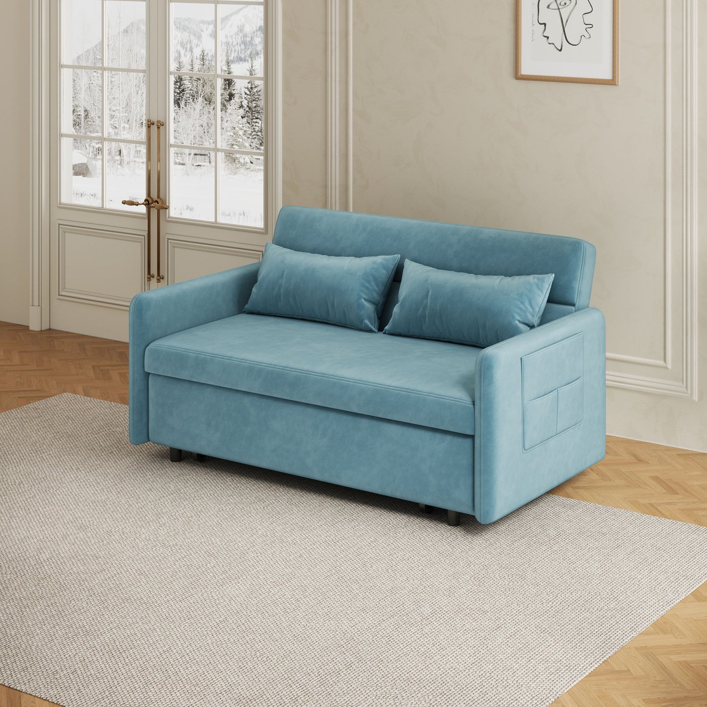 Sofa Pull Out Bed Included Two Pillows 54" Velvet Sofa for Small Spaces Teal