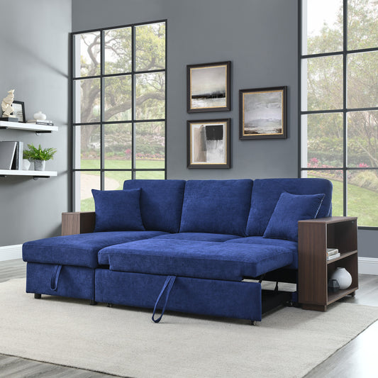 Sectional Sofa with Pulled Out Bed, 2 Seats Sofa and Reversible Chaise with Storage, MDF Shelf Armrest, Two Pillows, Navy Blue, (88" x52" x 34")