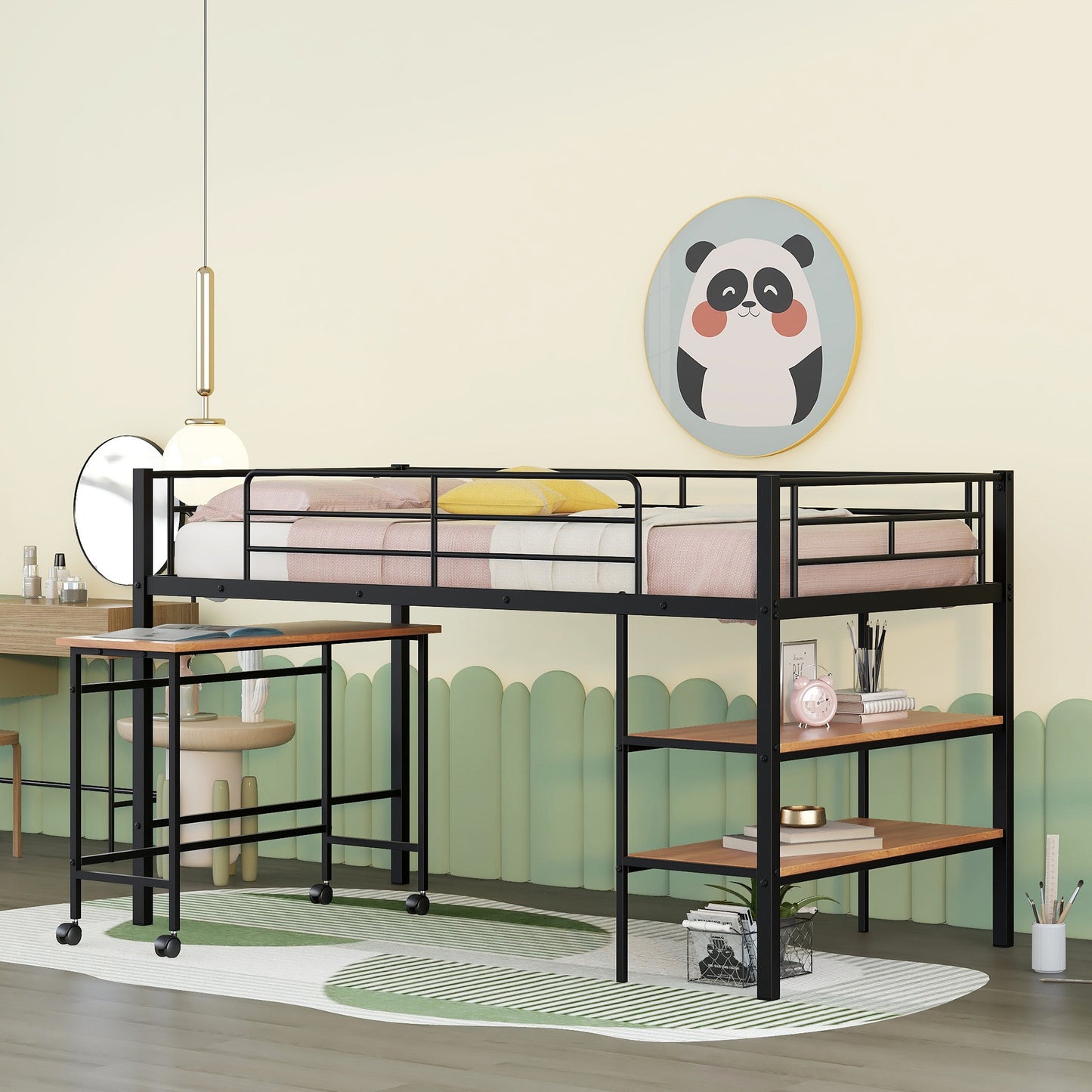 Twin Size Metal Loft Bed with Desk and Shelves,Black