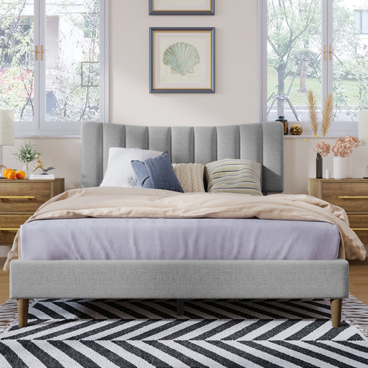 Upholstered Platform Bed Frame with Vertical Channel Tufted Headboard, No Box Spring Needed, Queen,Gray