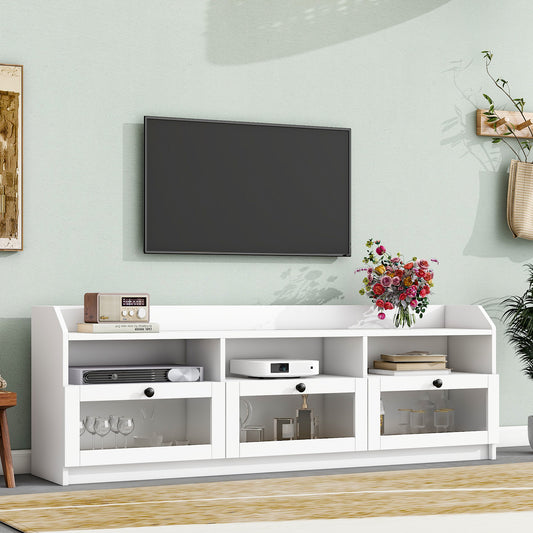 Stylish White TV Stand with Acrylic Door Panel and Spacious Storage Area