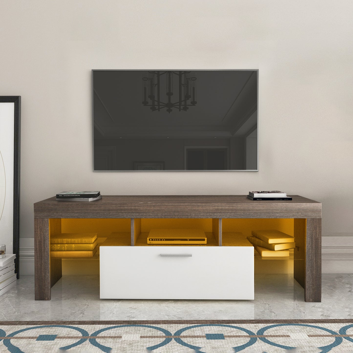 Quick Assembly Modern TV Stand with Toughened Glass Shelf and LED Color Changing Lights