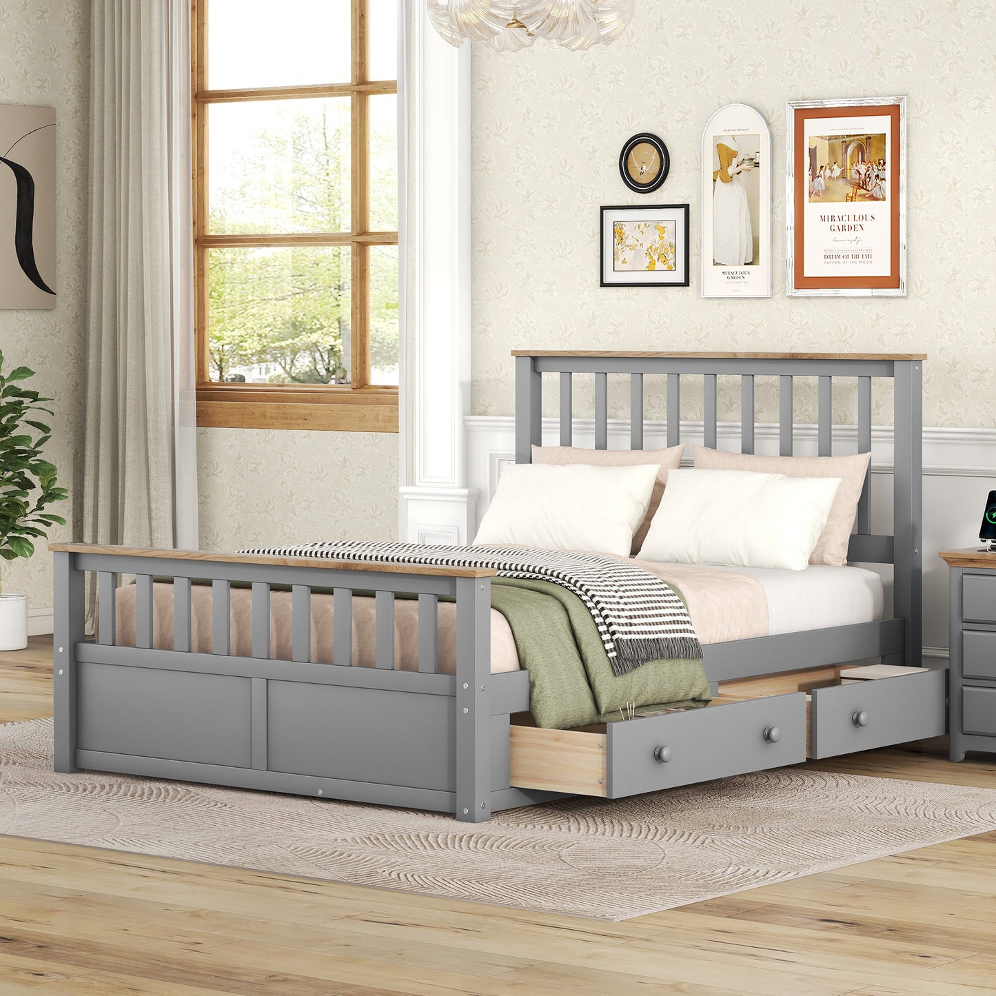 Full Size Wood Platform Bed with Two Drawers and Wooden Slat Support,Gray+Natrual