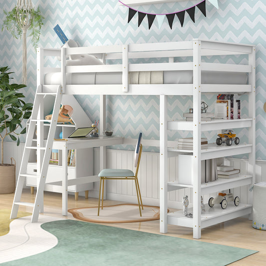 Twin Loft Bed with desk,ladder,shelves , White