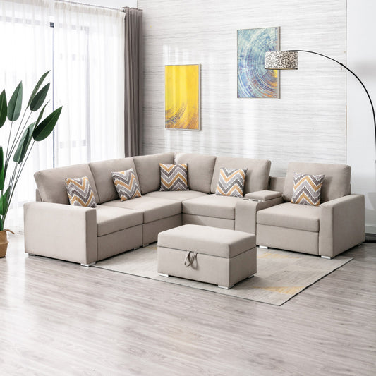 Nolan Beige Linen 7-Piece Sectional Sofa with Interchangeable Legs, Storage Ottoman, USB Charging Ports, and Cupholders