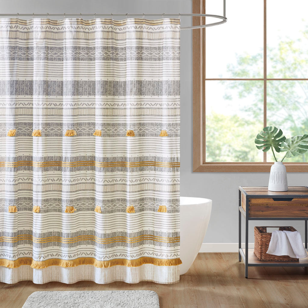 Striped Cotton Shower Curtain with Tassel Embellishments