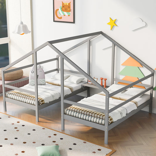 Double Twin Size Triangular House Beds with Built-in Table,Gray(: WF286895AAE)