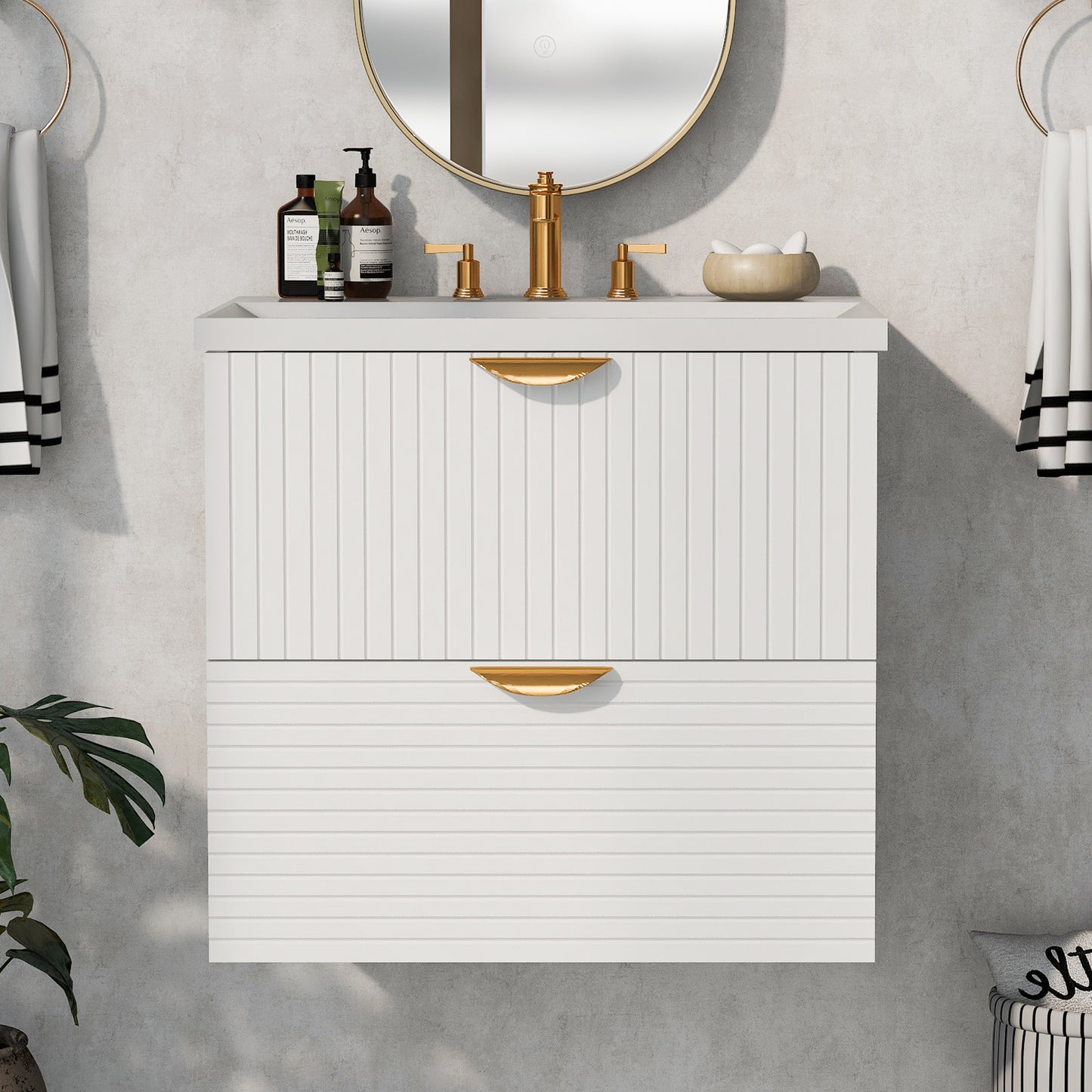 Modern 24-Inch Wall-Mounted Bathroom vanity with 2 Drawers, White  - Ideal for Small Bathrooms