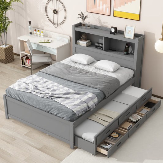 Full Size platform bed with trundle, drawers and USB plugs, Gray