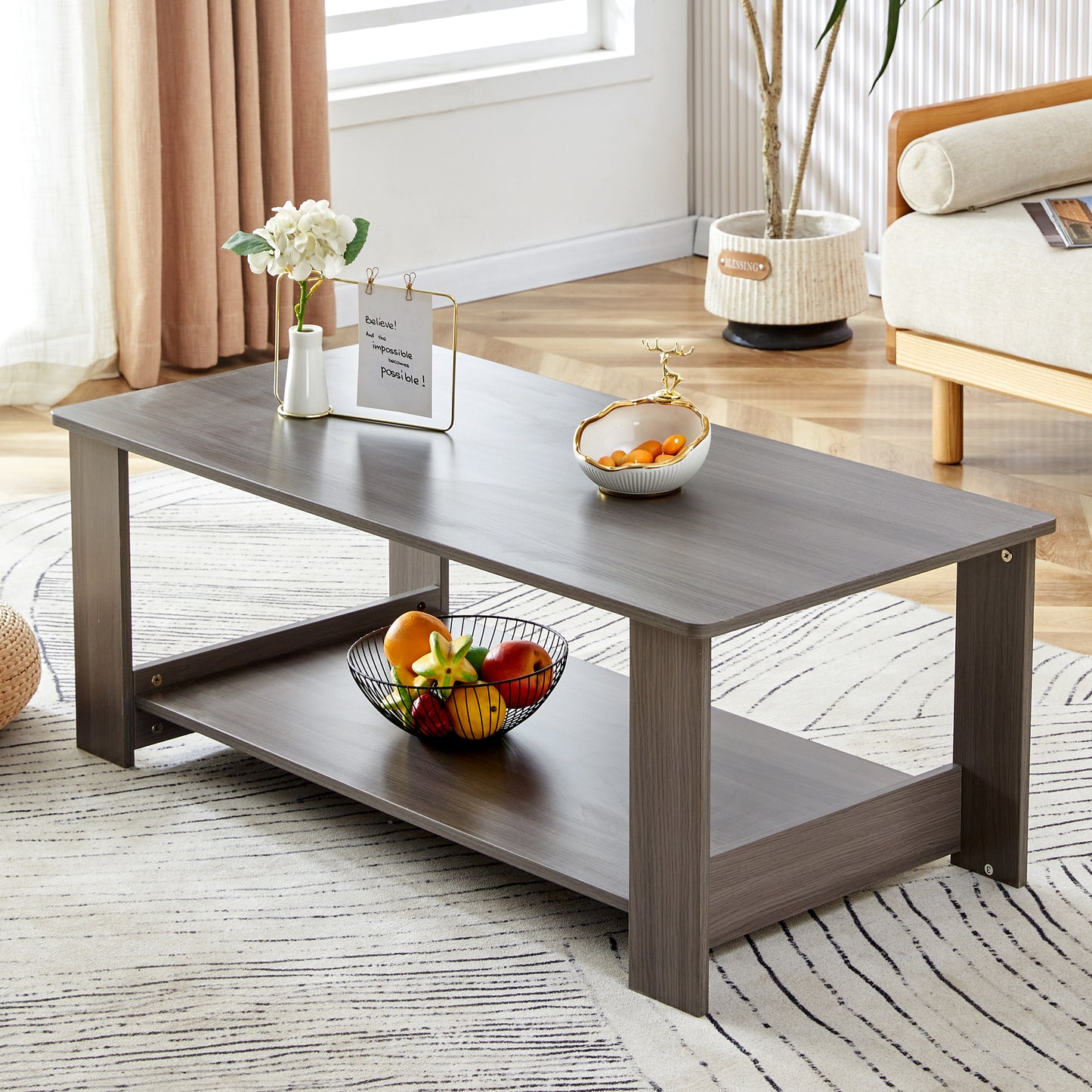 Gray Textured Double-Layered MDF Coffee Table - Sleek & Practical