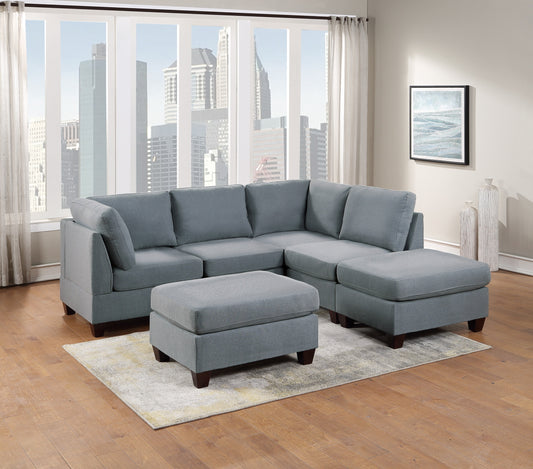 Grey Linen Modular L-Sectional Living Room Set with 6 Pieces