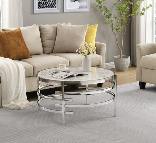 Chrome Round Coffee Table with Sintered Stone Top and Sturdy Metal Frame for Modern Living Room Décor