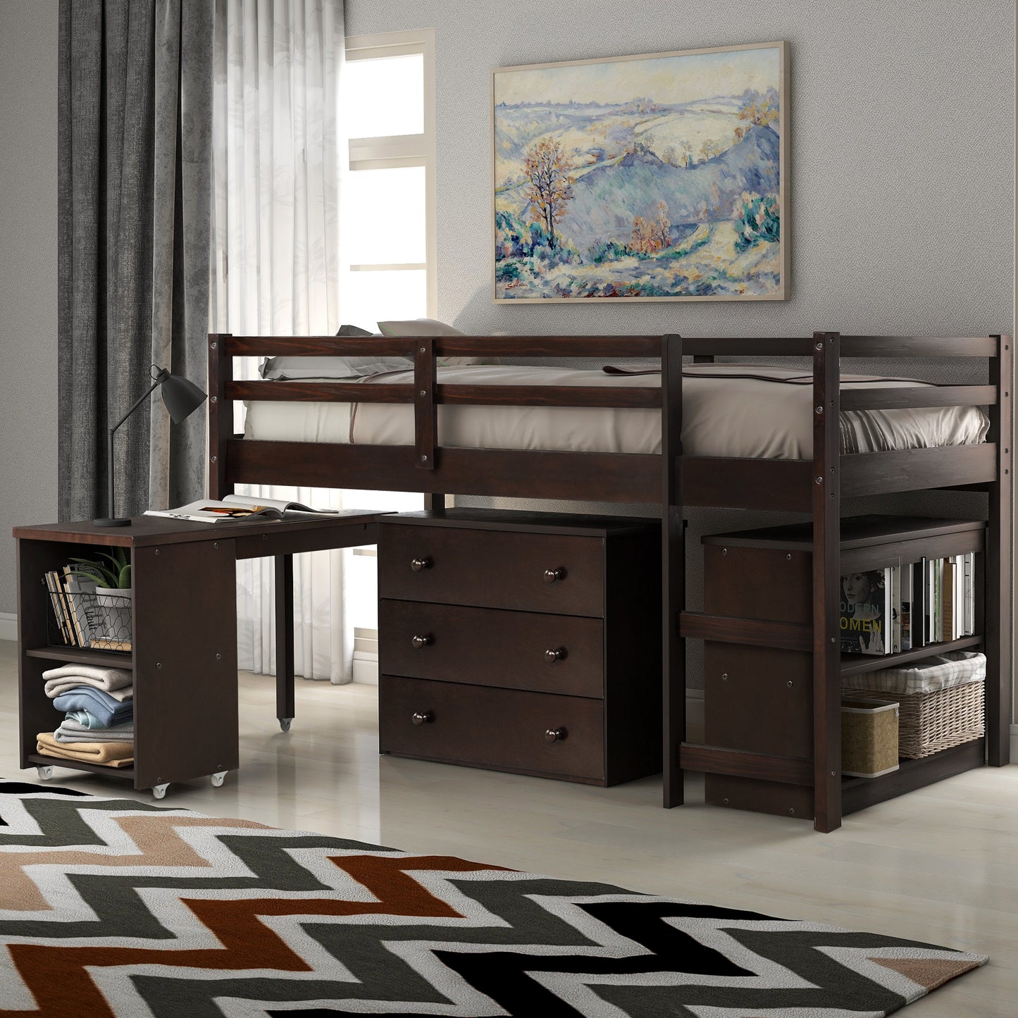 Low Study Twin Loft Bed with Cabinet and Rolling Portable Desk - Espresso