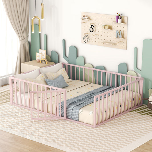 Queen Size Metal Floor Bed Frame with Fence and Door, Pink