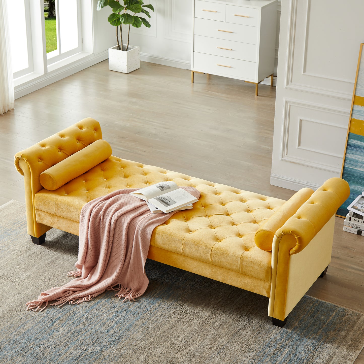 Yellow Pleuche Rectangular Large Sofa Stool with Comfortable Cushions and Armrests