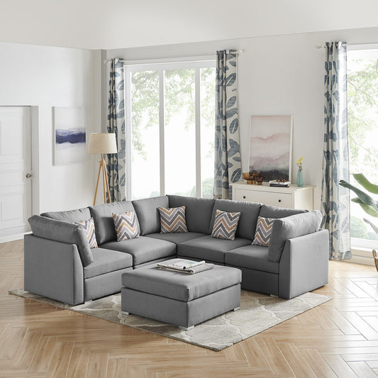 Gray Fabric Reversible Sectional Sofa Set with Ottoman and Pillows