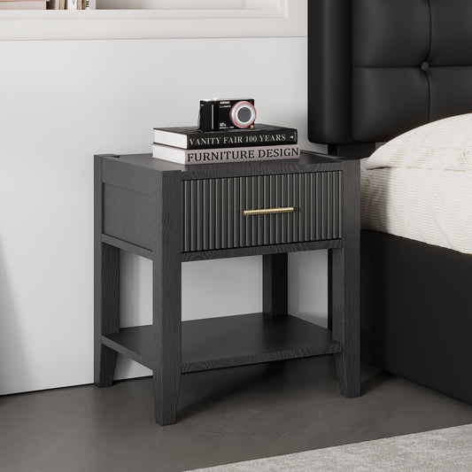 Wooden Nightstand with a Drawer and an Open Storage,End Table for Bedroom, Black