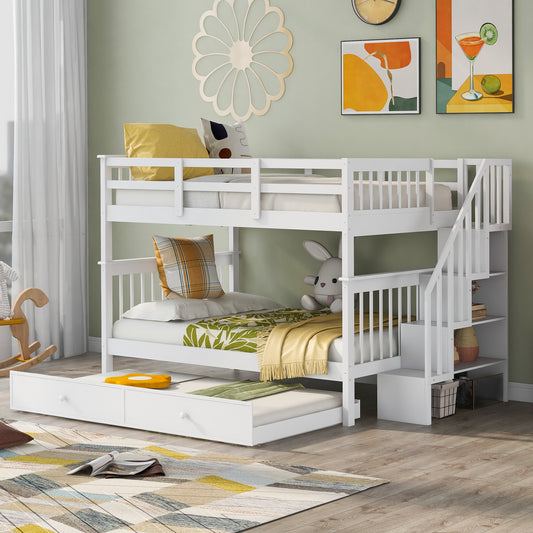 Stairway Full-Over-Full Bunk Bed with Twin Trundle, Storage and Guard Rail - White Oasis for Bedroom